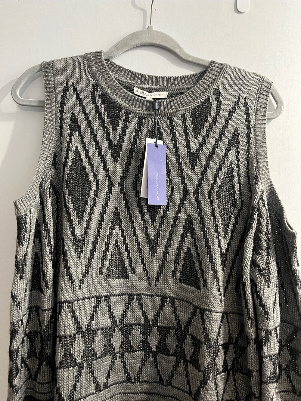 Rebecca Minkoff Gray & Black Off-the-Shoulder Geometric Sweater